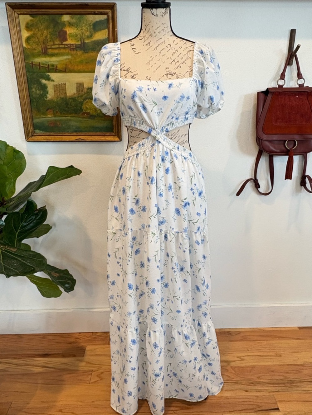 Floral Cutout Maxi Dress - White with Blue Floral